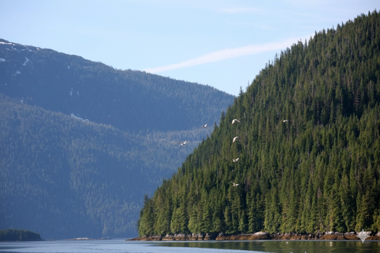 Scenic photo of the Douglas Channel coastline with green forested slopes meeting calm ocean waters